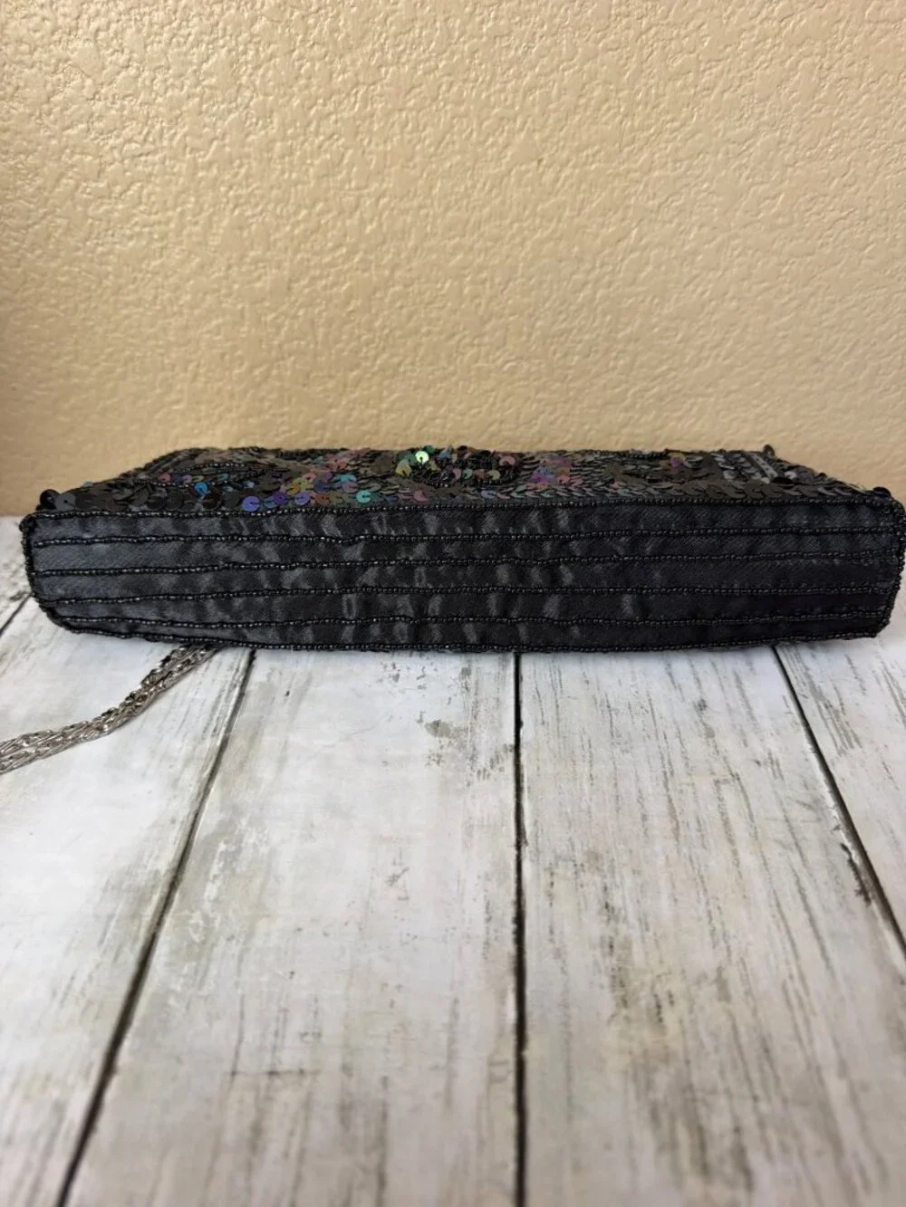 Y2K Max Mayer Black Beaded Sequin Evening Bag Clutch Kiss Lock Chain Strap NEW - Picture 14 of 14